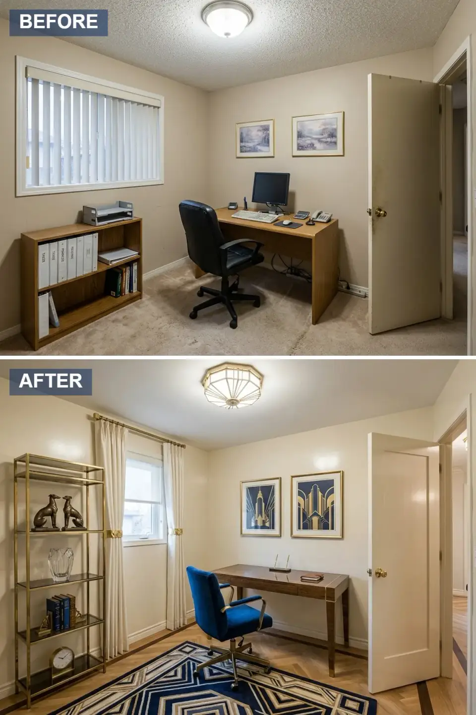 Art Deco Hollywood Regency home office reinvention with tall brass-and-glass étagère displaying sculptural objects, octagonal flush mount casting decorative light patterns, polished walnut desk with brass inlay details, cobalt velvet executive chair, geometric navy-and-cream area rug, symmetrical architectural prints, herringbone walnut parquet flooring.