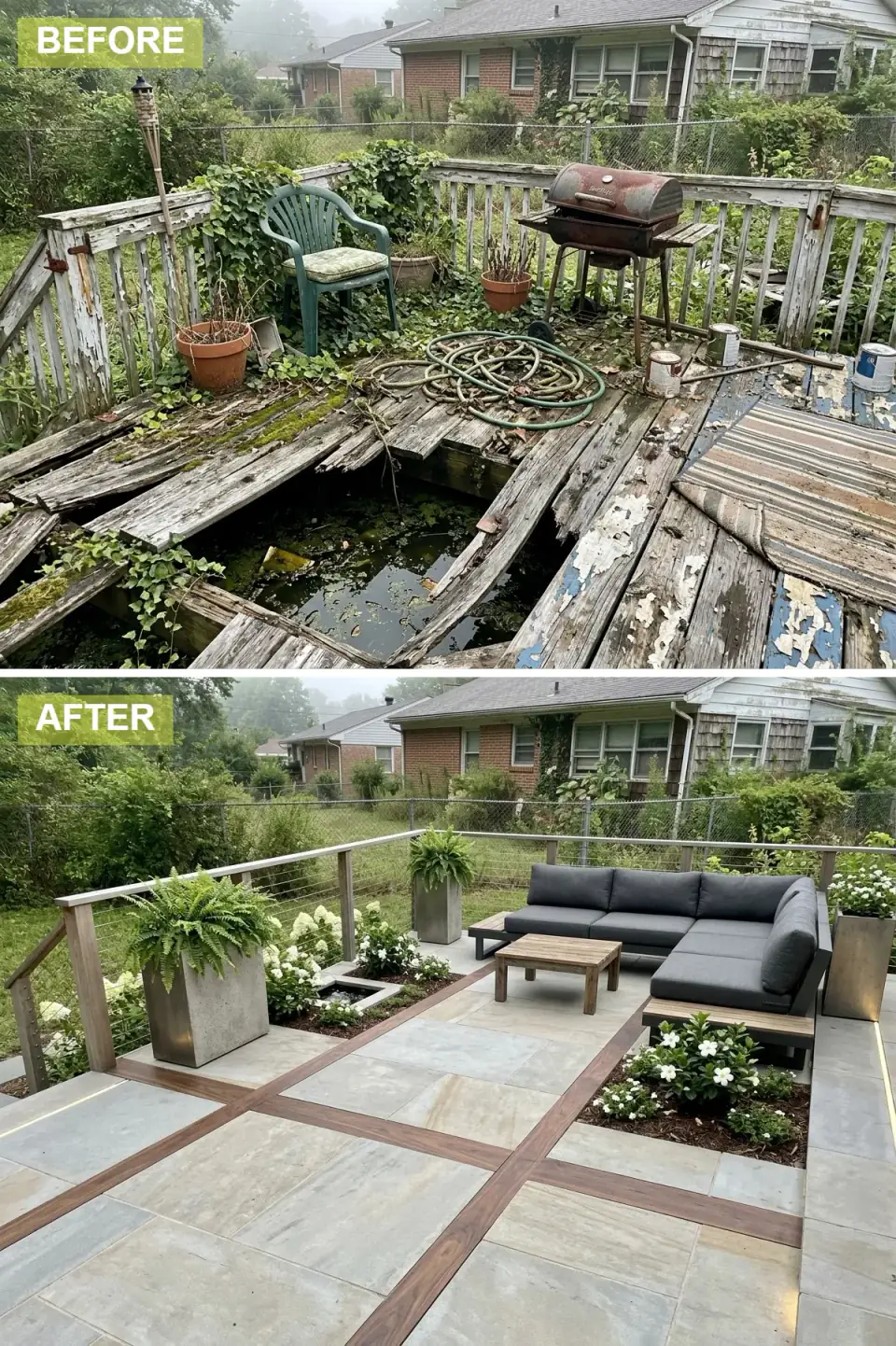 Stone courtyard terrace with large-format porcelain tiles and teak wood inlays, a cable-and-wood railing, an L-shaped charcoal sectional, built-in planting beds of white hydrangeas, and a central water feature