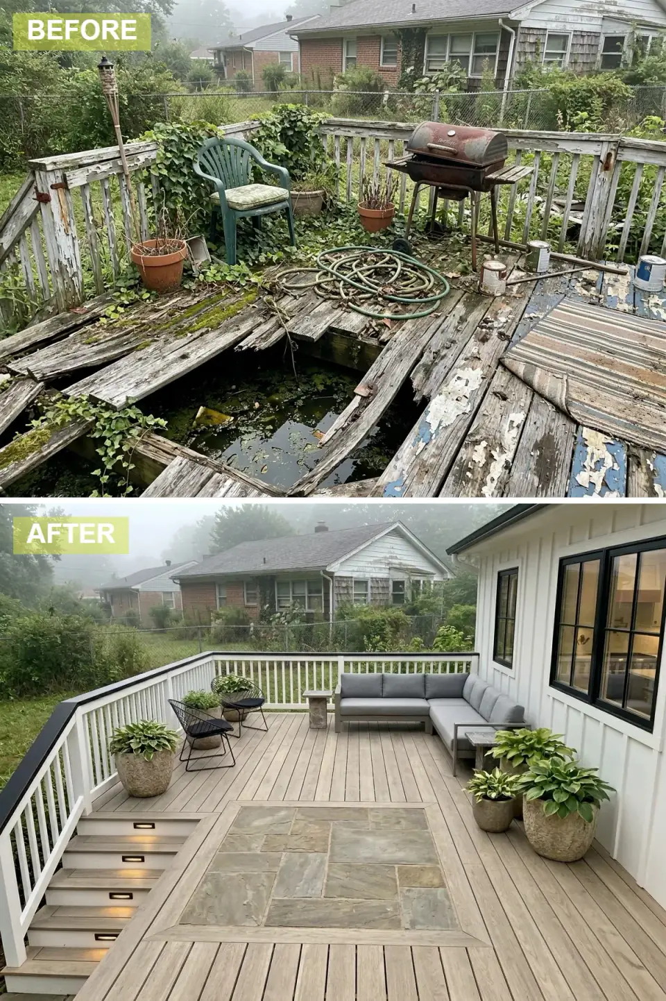 Modern farmhouse deck with warm natural-toned composite decking, a central stone inlay rug, a white railing with a black top rail, a grey L-shaped sectional, black wire accent chairs, and textured planters of hostas