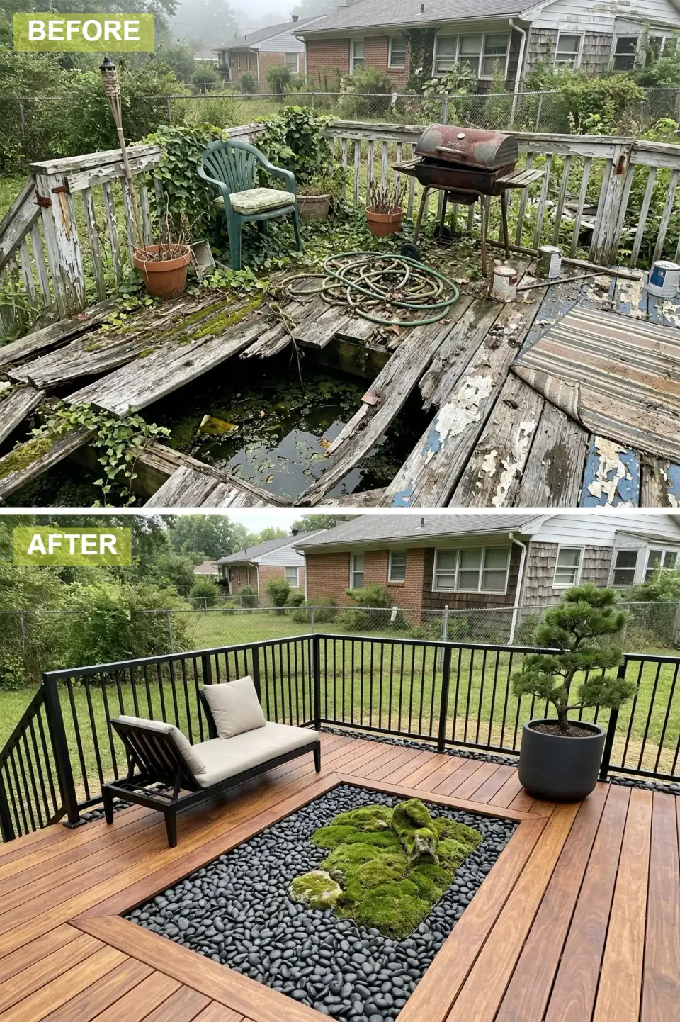 Rich hardwood deck with a recessed built-in zen garden of polished black river stones and moss-covered boulders, a black lounge chair with linen cushion, slim black metal railings, and a sculptural pine in a charcoal planter