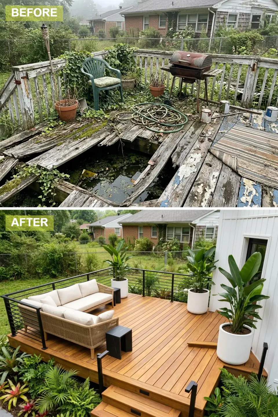 Warm natural wood deck with black horizontal bar railings, a natural wicker sectional with ivory cushions, tall white cylindrical planters holding bird of paradise, and a dense understory of tropical ferns and palms