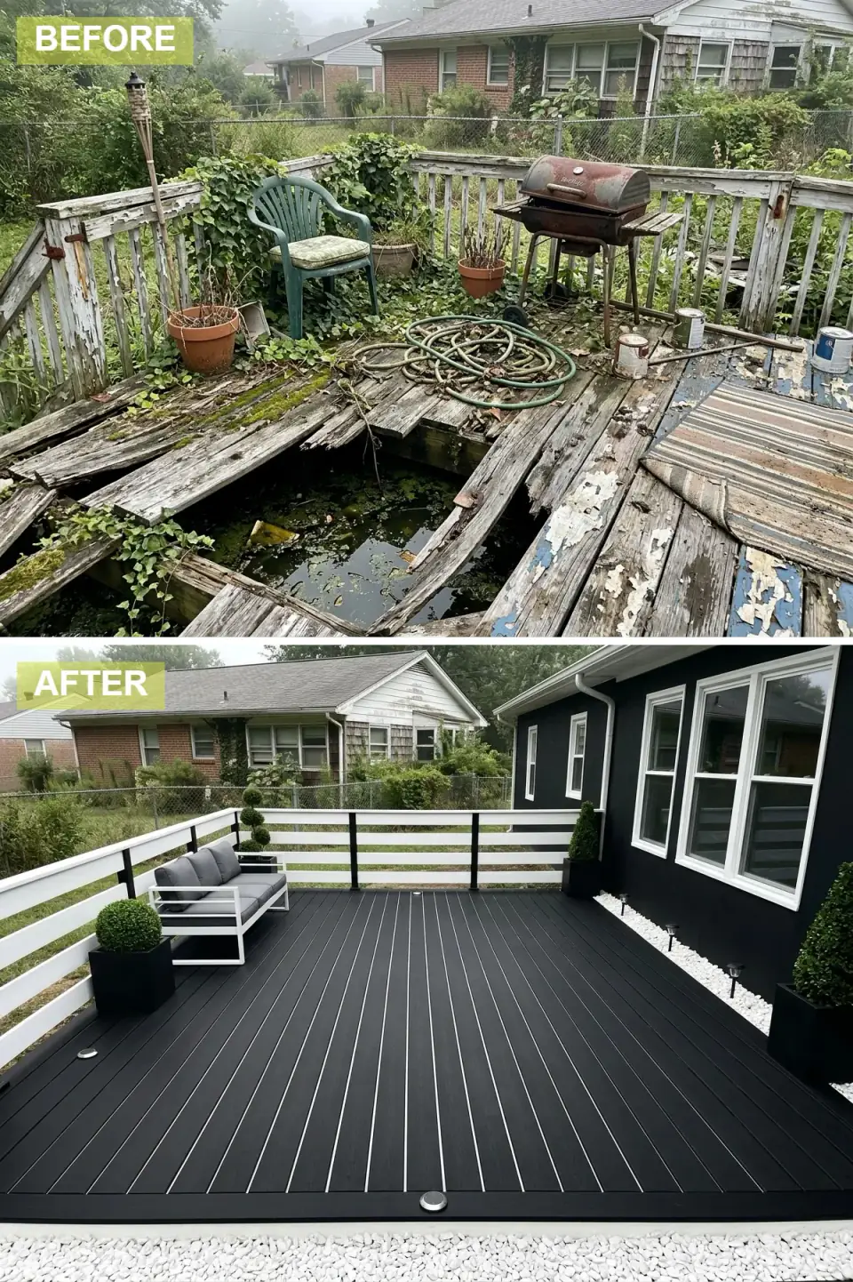 High-contrast deck with matte black decking and white board lines, a white horizontal railing with black posts, black siding with white window trim, a white-framed sofa with grey cushions, boxwood spheres in black planters, and a white pebble border