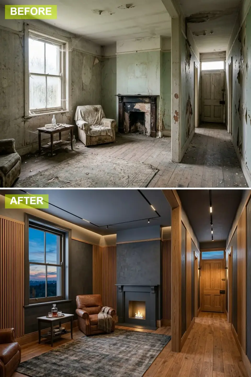 Forgotten living room reimagined in moody modern luxury with charcoal-blue walls, warm oak slat paneling, a sleek gas fireplace insert, dark walnut floors, and track lighting on a dark ceiling