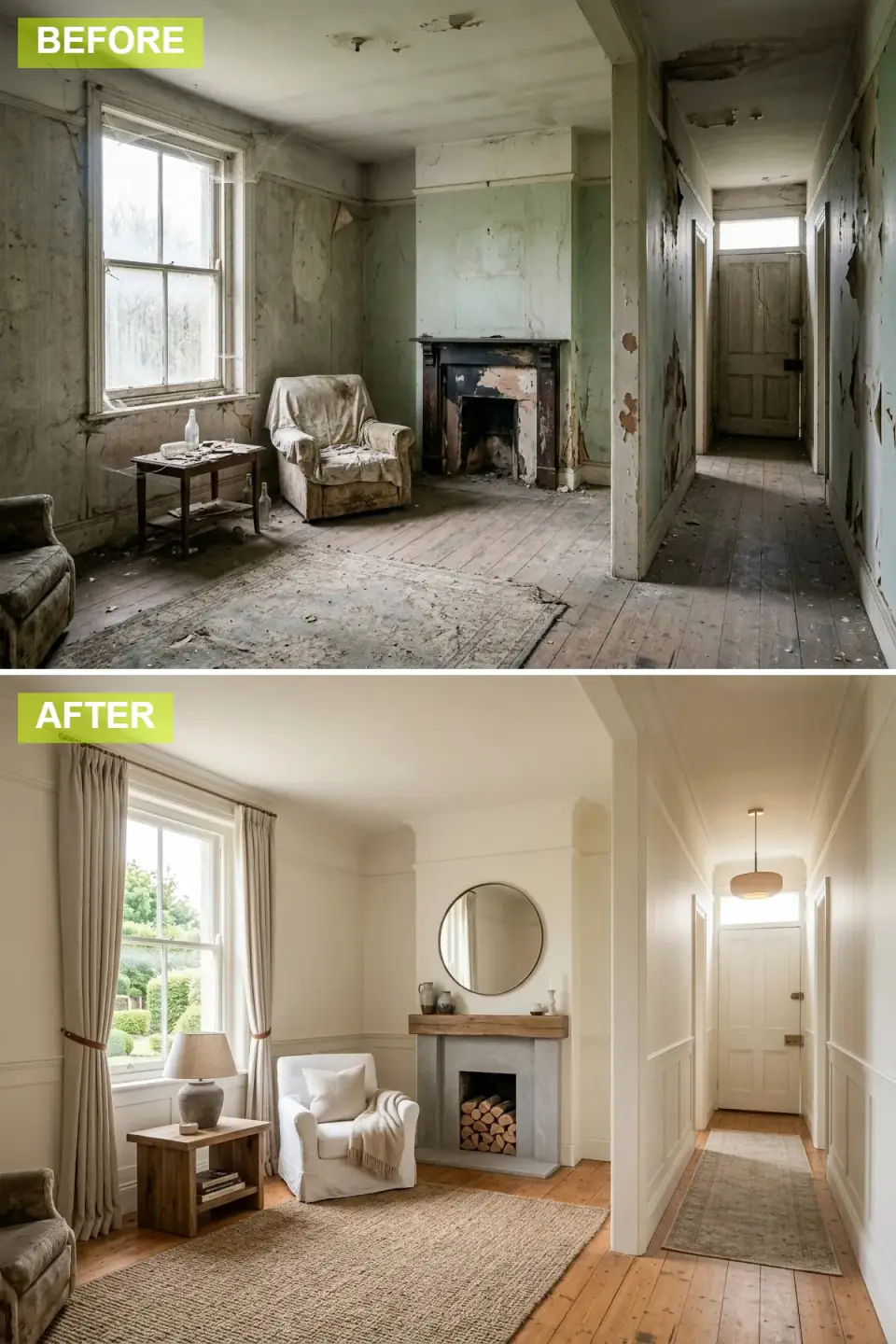 The room as a rustic modern farmhouse with cream walls and shaker wainscoting, a chunky reclaimed wood beam mantel over a grey stone fireplace, a slipcovered linen armchair, a jute rug, and restored natural wood floors