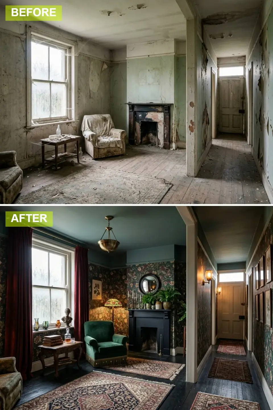 The room as dark Victorian maximalism with ornate floral wallpaper, a deep teal ceiling, a black-painted fireplace, dark-stained floors, an emerald velvet armchair, layered Persian rugs, and a Tiffany-style lamp
