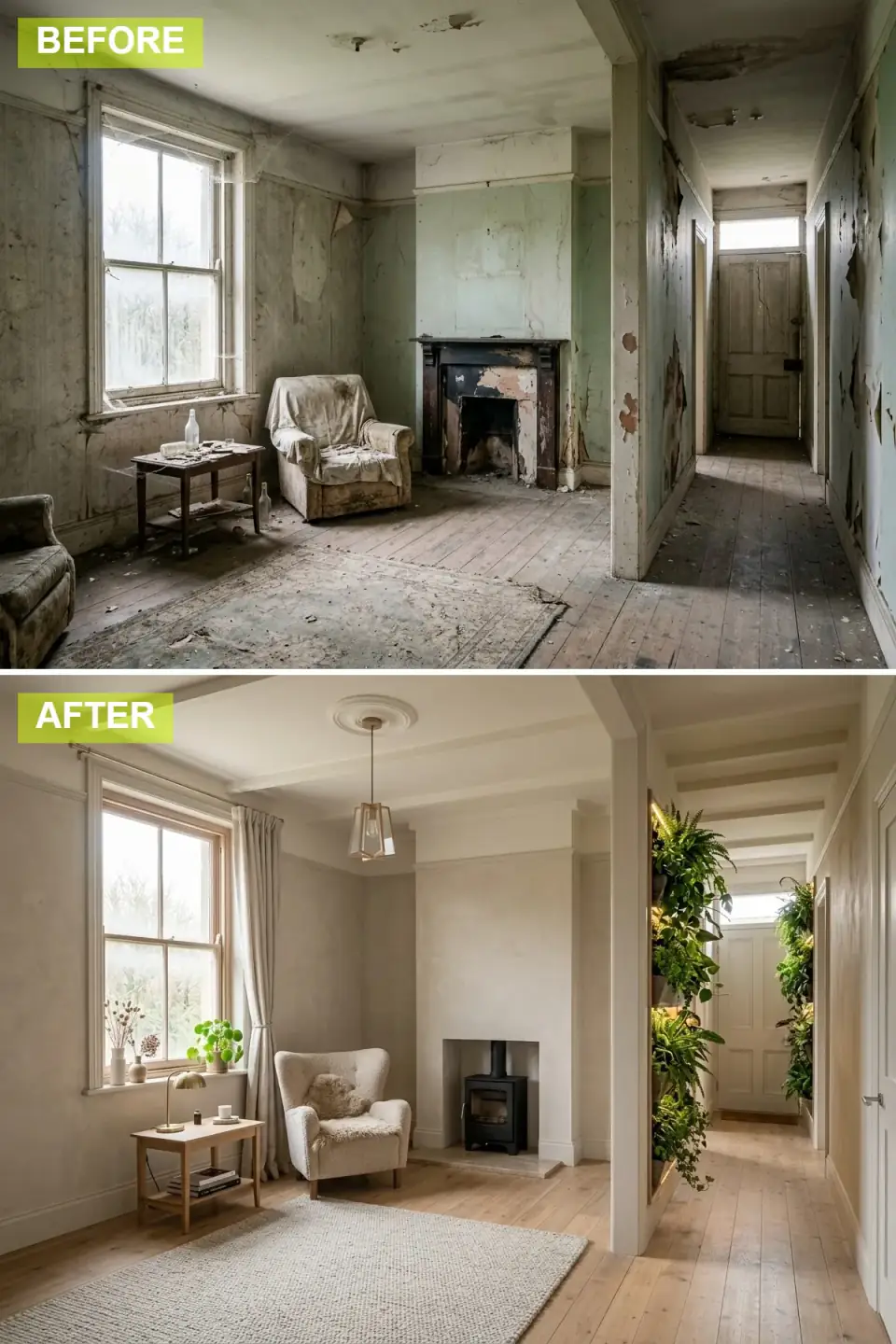 The same room as a Scandi-boho sanctuary with soft plaster walls, a wood-burning stove, light wood floors, a jute rug, a bouclé armchair, a hallway plant wall, and a brass pendant on a ceiling medallion