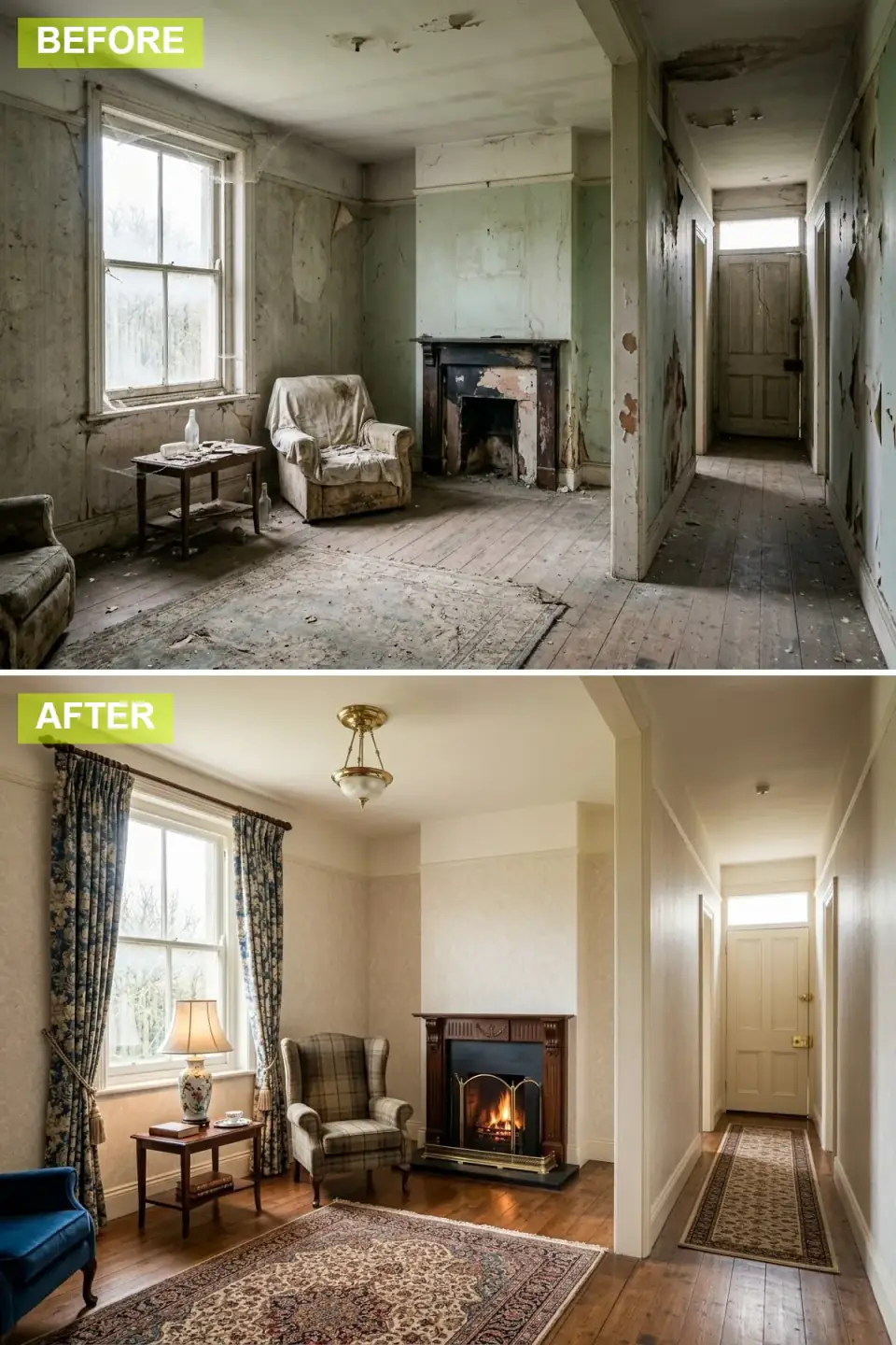 The room restored as a traditional English cottage with subtle patterned wallpaper, a highlighted picture rail, a classic wooden mantel with brass fire screen, a plaid wingback chair, and aged pine floorboards