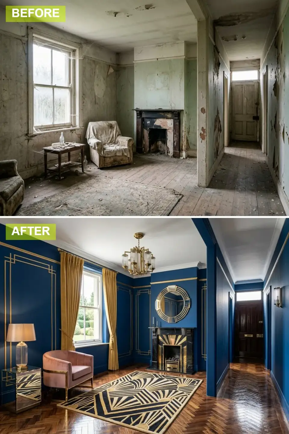 The room turned Art Deco with deep sapphire walls and gold geometric molding, a black marble and gold sunburst fireplace, a pink velvet armchair, a mirrored side table, and a dark herringbone floor