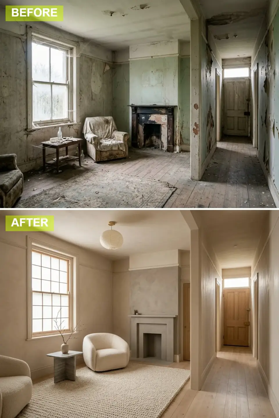 The room stripped to wabi-sabi minimalism with lime-washed beige walls, a concrete fireplace surround, two curved bouclé armchairs, a stone side table, a chunky knit rug, and bare light wood floors