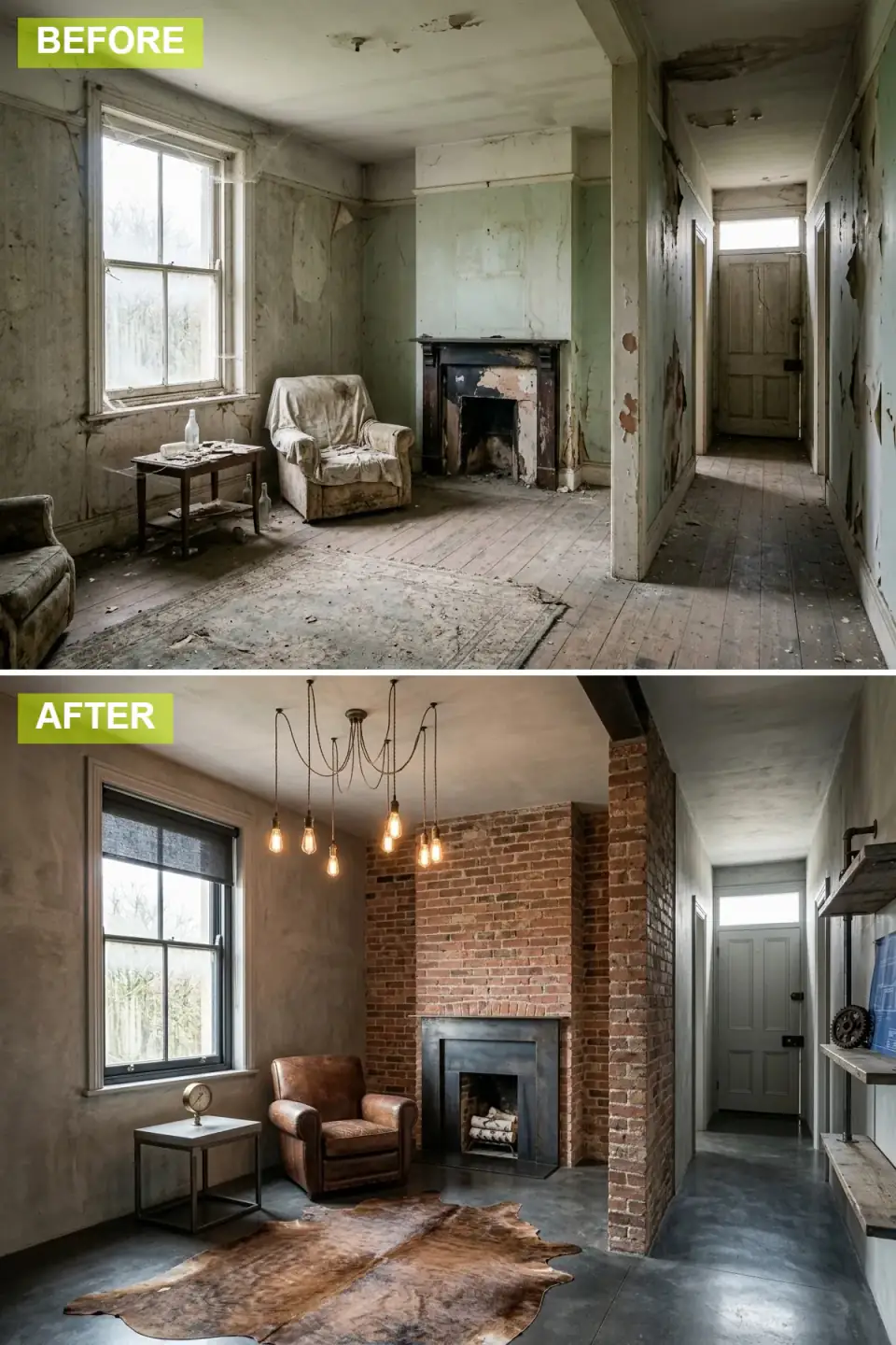 The room as an industrial loft with the chimney breast stripped to exposed red brick, polished concrete walls and floor, a metal fireplace insert, a vintage cognac leather armchair, pipe shelving, and Edison-bulb pendants
