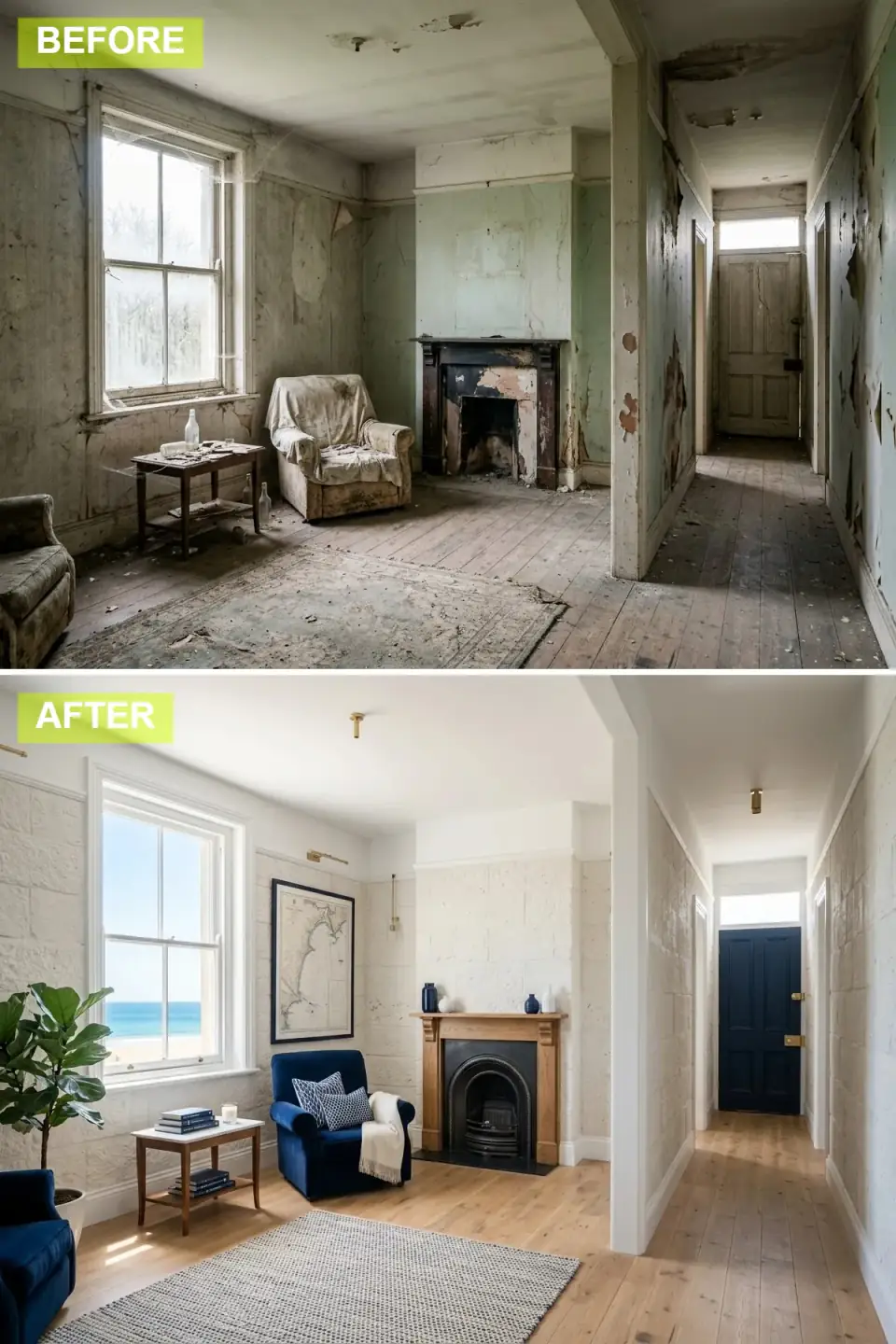 The room as a breezy coastal escape with white textured stone-effect walls, a wooden mantel over a cast iron fireplace, a blue velvet armchair, a blue-and-white patterned rug, a fiddle leaf fig, and a navy hallway door