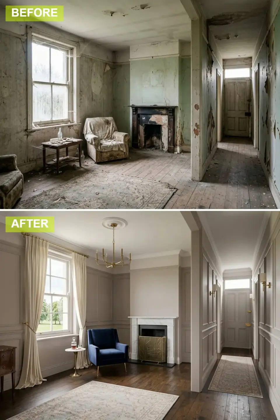 The room as a neoclassical Parisian apartment with floor-to-ceiling greige wainscoting and molding, a white marble fireplace with brass guard, a blue velvet armchair, a brass chandelier, and dark wood floors
