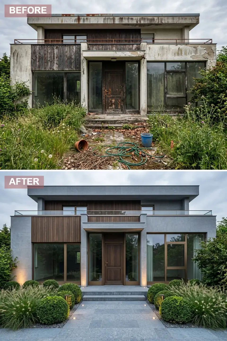 Sleek modernist exterior transformation with large-format grey stone tile cladding, rich dark vertical wood siding, sleek glass balcony railing replacing rusted metal, bronze-framed windows, manicured boxwood and ornamental grass landscape with integrated path lighting, polished concrete walkway.