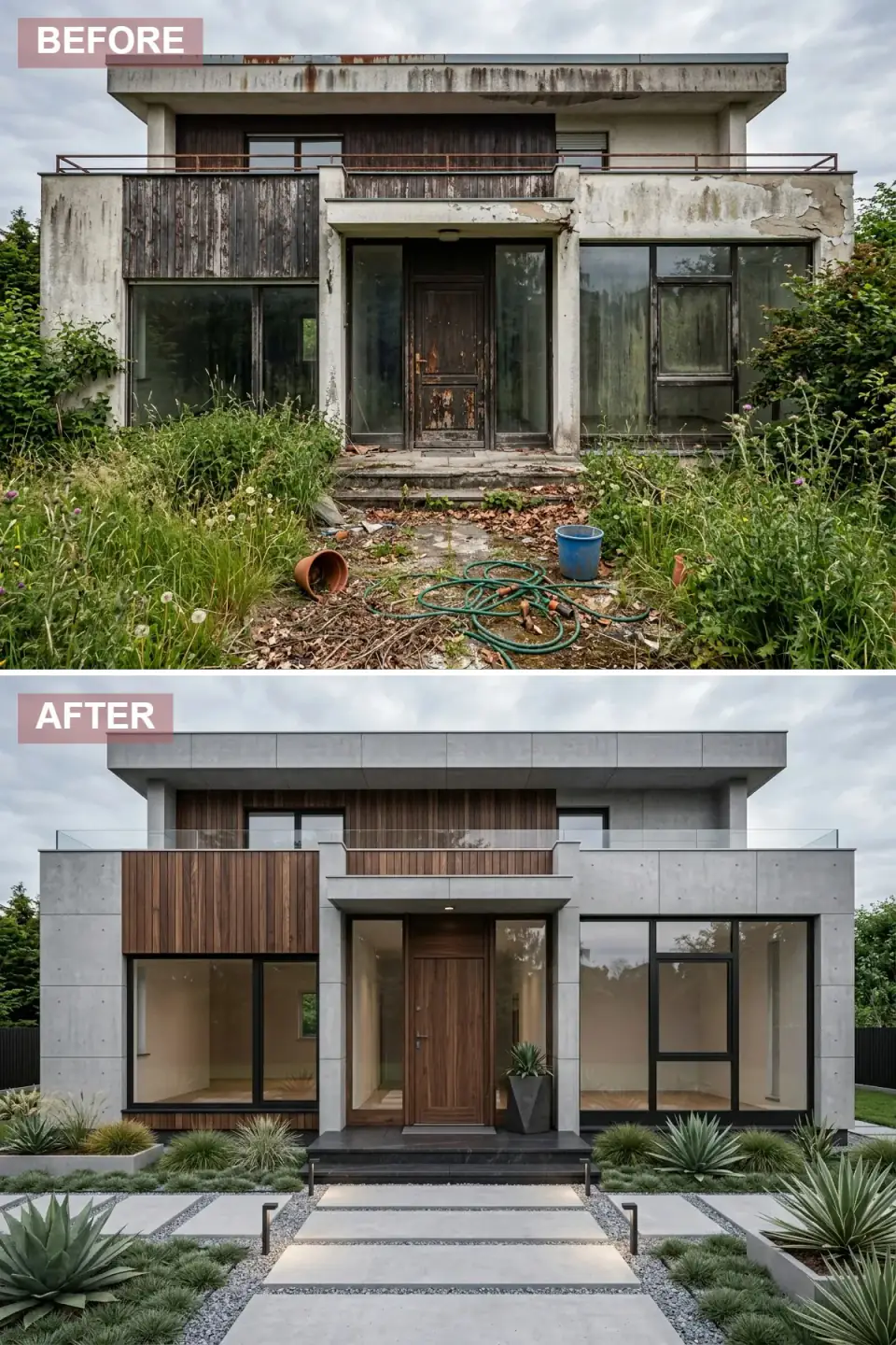 Ultra-modern architectural transformation with large-format grey concrete panels, dark vertical wood siding accent section, sleek black slab front door, frameless glass balcony railing, geometric architectural planters with agave and grasses, large concrete paver path separated by gravel.