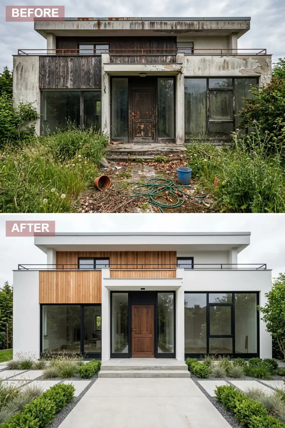 Minimalist Scandinavian modernist transformation in smooth brilliant white stucco with a vertical light-toned wood siding accent panel, modern wood front door, striking black-framed gridless windows, geometric concrete paver path separated by gravel beds, low-maintenance shrubs and ornamental grasses.