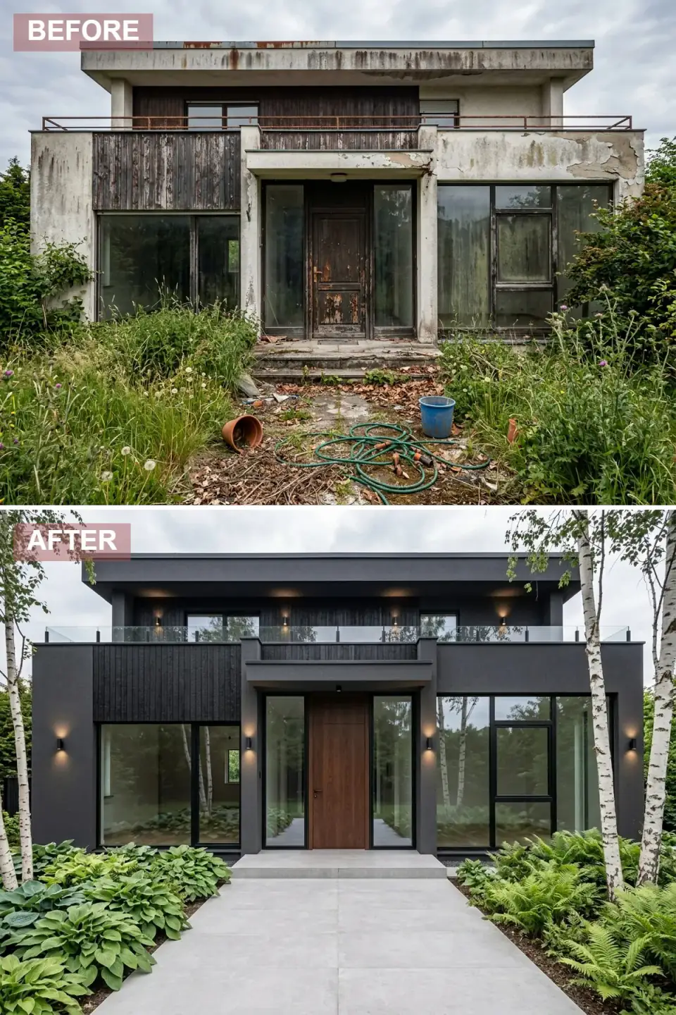 Moody monochromatic dark modernist transformation in dark charcoal stucco mixed with Shou Sugi Ban charred black wood siding, sleek glass balcony railing, dark walnut front door, lush green hostas, ferns and birch trees against the dark facade, large dark grey tile path.