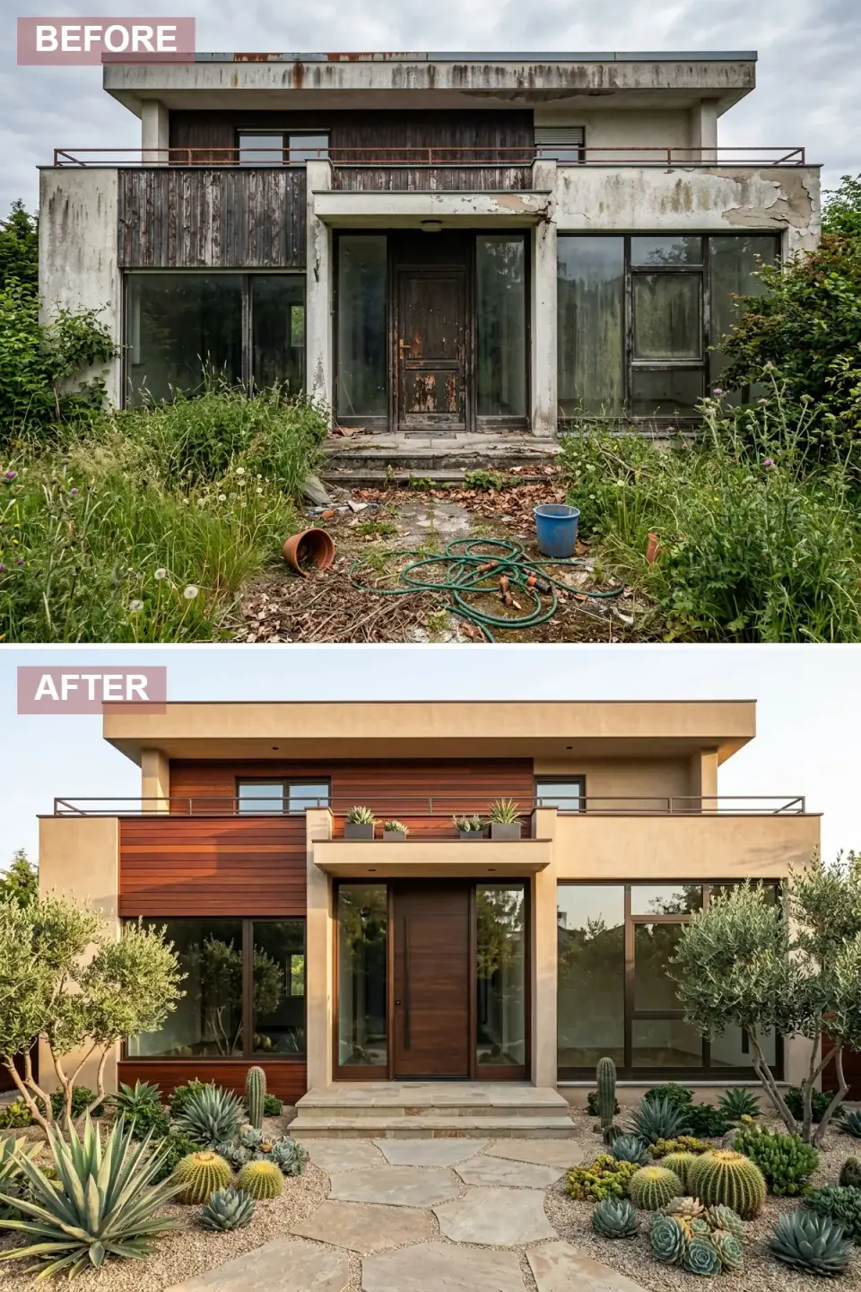 Desert modern transformation with smooth beige stucco walls, rich reddish-brown horizontal wood siding, aged bronze railings and window frames, drought-tolerant garden with cacti agaves and ornamental grasses, irregular flagstone walkway.