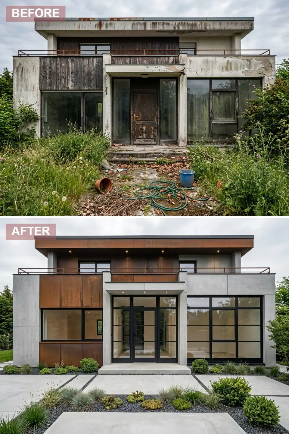 Industrial modernist transformation combining smooth raw concrete panels with weathered corten steel panels in rust orange patina, large black steel-framed industrial windows and doors, copper-toned railing, concrete walkway with gravel and ornamental grasses.