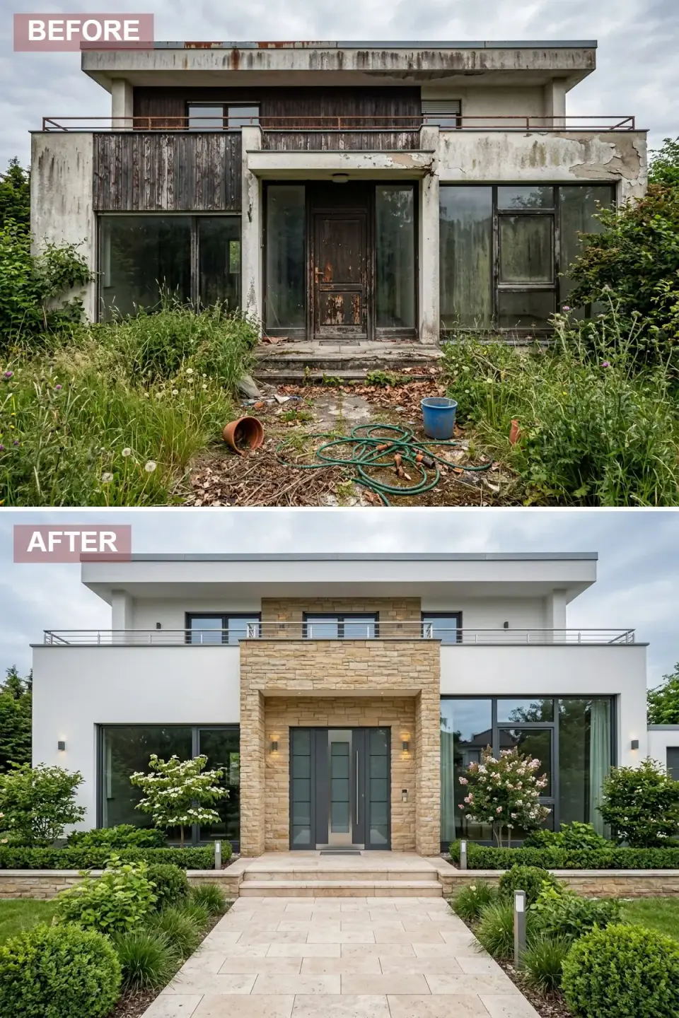 Timeless transitional transformation with smooth white stucco main body, central entrance highlighted with warm tan stacked stone veneer, modern grey front door with glass panels, stainless steel railings, beige paver walkway, manicured hedges with flowering hydrangeas.