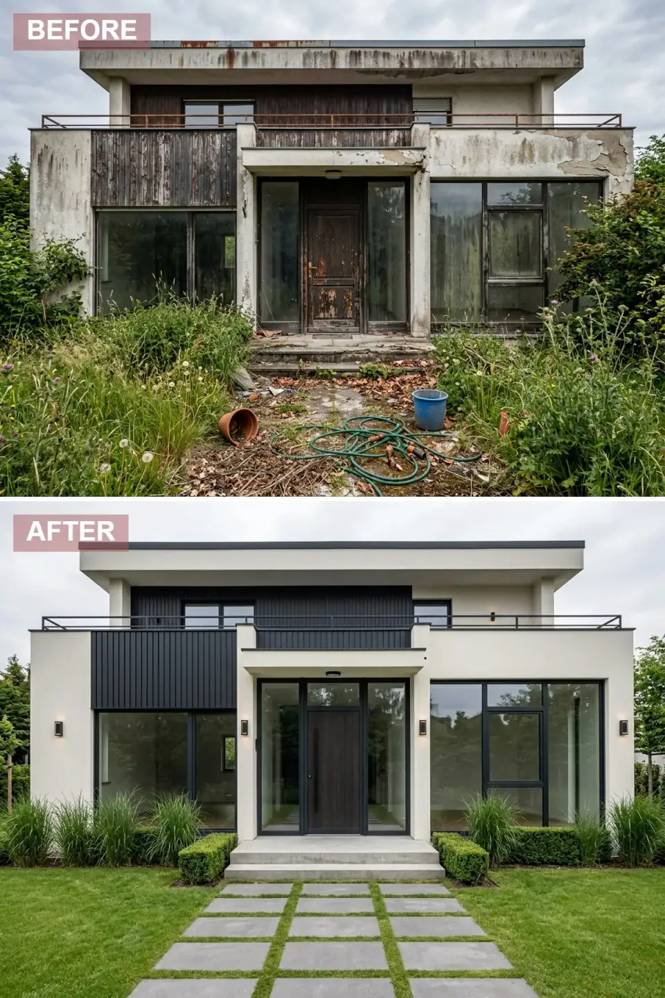 Graphic black-and-white modern transformation with crisp white stucco, dark grey vertical siding accent panel, matching dark wood front door, black-framed windows, black metal railing, grid walkway of large concrete pavers with grass growing in joints, structured ornamental grasses and low hedge landscape.