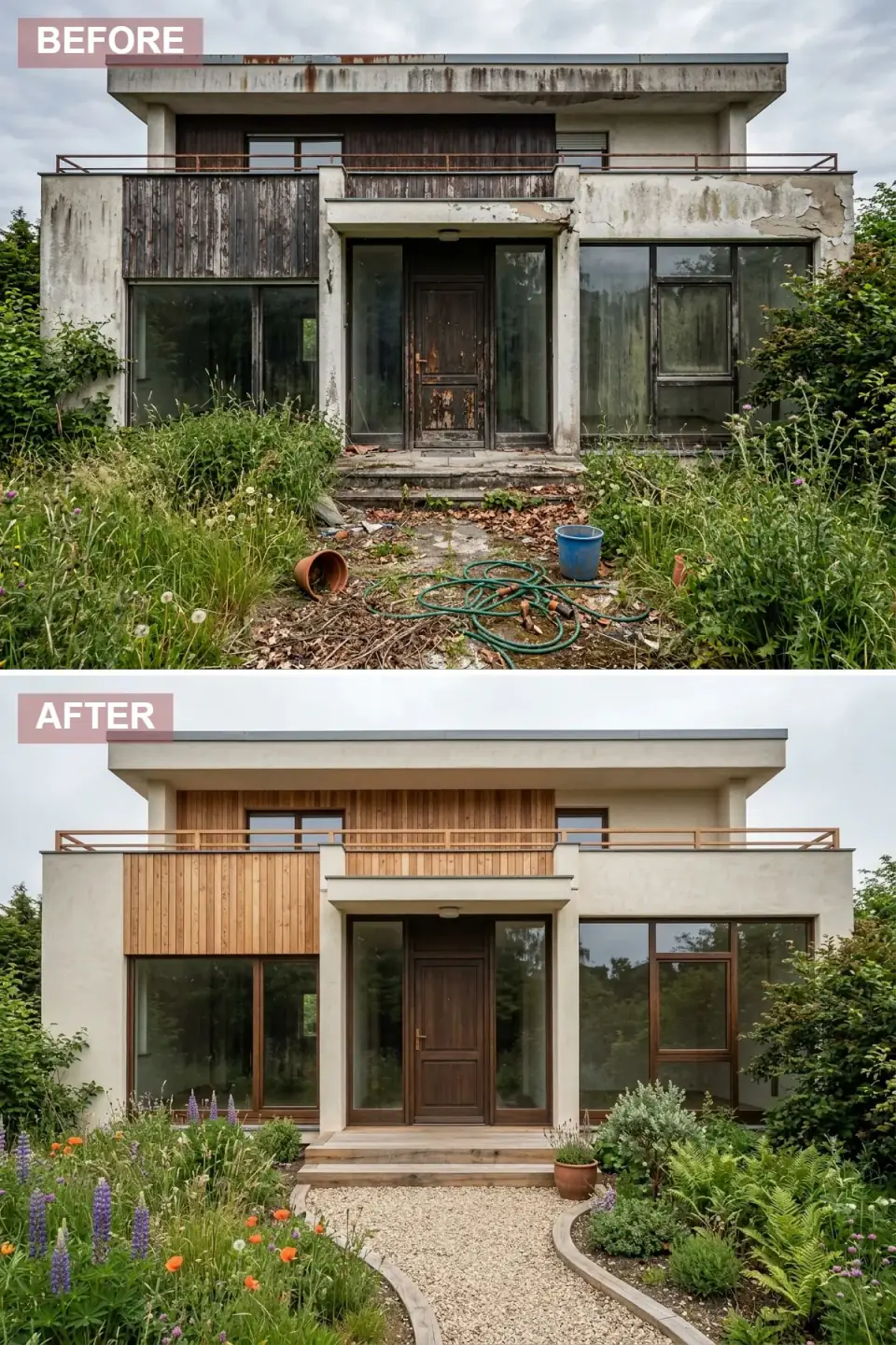 Organic naturalistic modernist transformation with creamy beige stucco and natural light-toned vertical wood siding, soft bronze railing and window frames, warm brown wood front door, meadow-style cottage garden of wildflowers and ferns, rustic wooden boardwalk path.