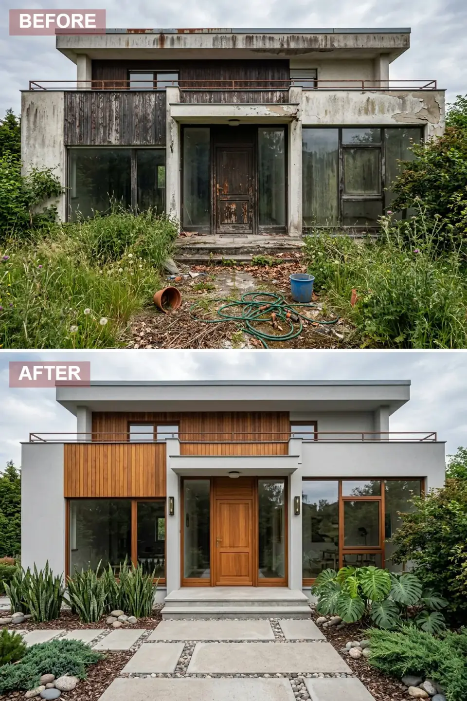 Mid-century modern transformation with light grey stucco walls, warm honey-toned vertical teak wood siding, matching wood window frames and front door, copper-toned railing with retro elegance, lush Monstera and snake plant landscape, concrete paver path with river stones.