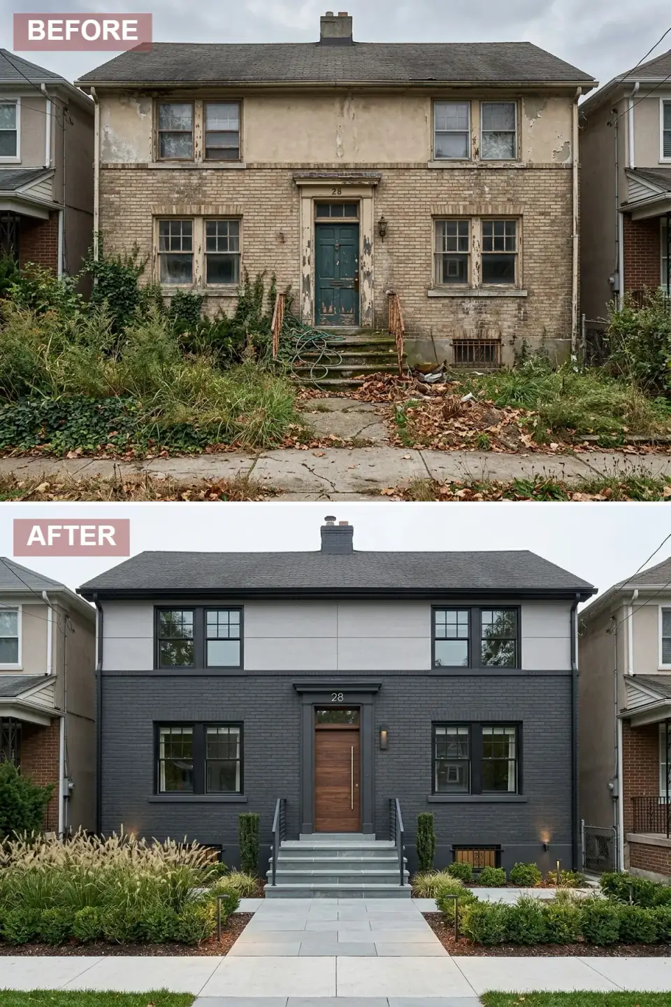 Brick foursquare modern industrial exterior renovation with original brick painted dark charcoal at lower level, light gray fiber cement panels cladding upper level, black-framed windows replacing rotted originals, warm walnut wood veneer front door with modern hardware, wide stone paver steps with contemporary black metal railings and architectural sconces