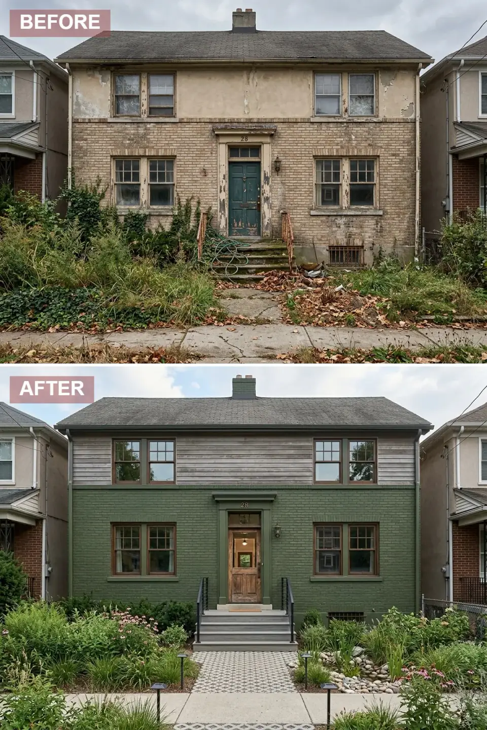 Brick foursquare rustic eco-modern exterior renovation with deep forest green painted brick lower level, weathered gray-washed barnwood horizontal siding upper level, brown bronze framed windows, distressed reclaimed pine front door with glass panel, modern gray composite decking steps, permeable paver walkway, naturalistic pollinator meadow garden landscape