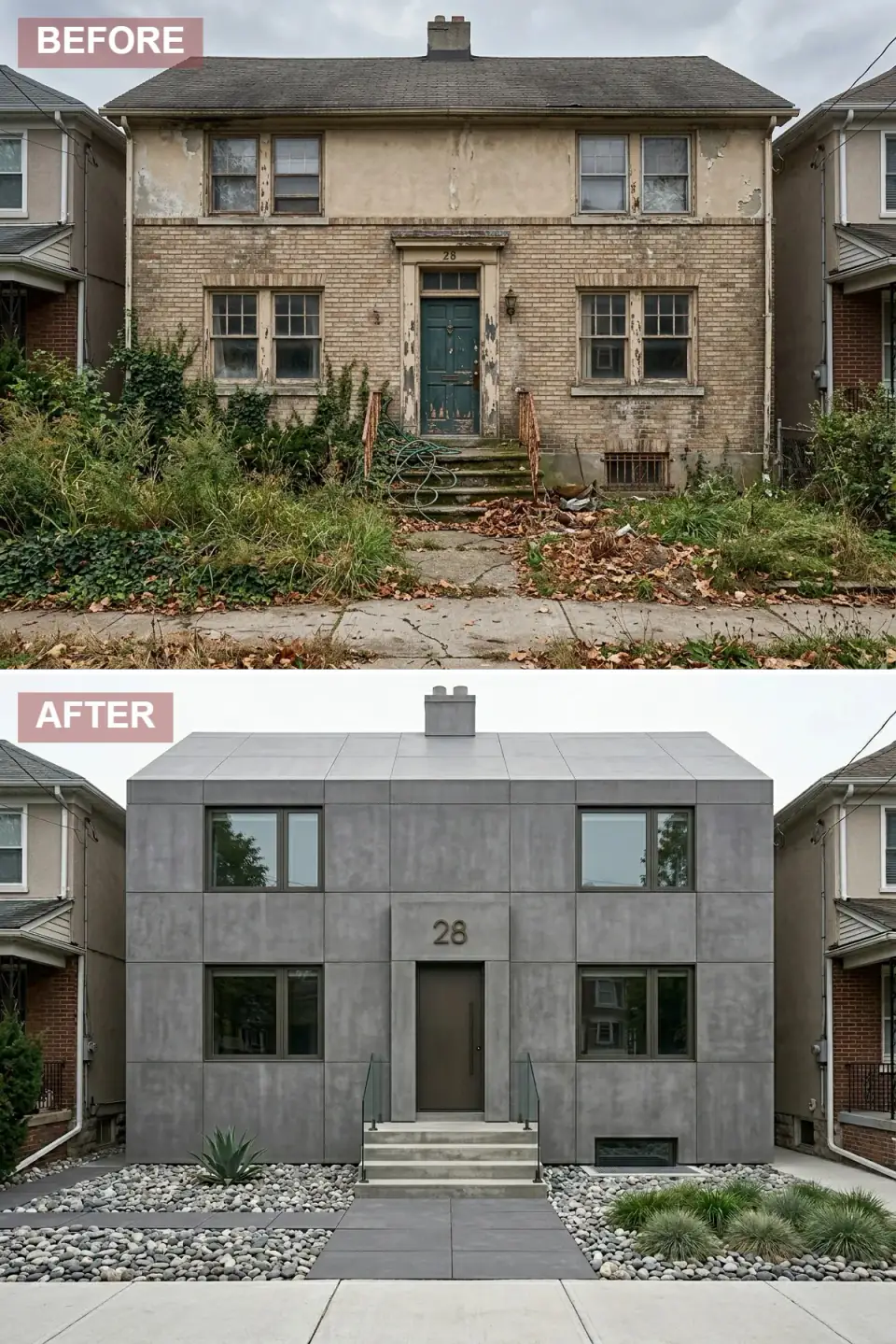 Brick foursquare radical brutalist exterior renovation with original house completely encased in new envelope of large-format gray industrial concrete panels creating monolithic severe form hiding original roofline, deeply recessed bronze-framed windows, flush aged bronze slab front door, minimalist concrete steps with frameless clear glass railings, stark landscape of large dark river stones and architectural grasses