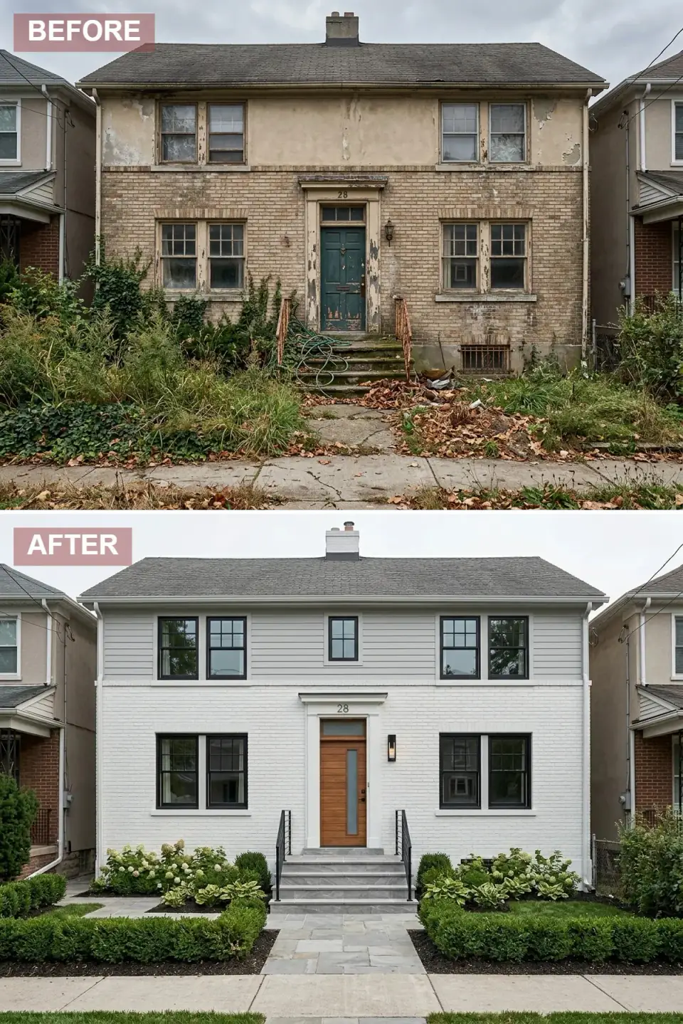 Brick foursquare classic transitional exterior renovation with clean white painted brick lower level, light fog gray horizontal lap siding on upper level, additional small architectural accent window breaking up upper facade, black-framed double-hung windows, warm oak wood front door with tall glass panel, blue-gray flagstone steps and walkway, traditional manicured hydrangea and boxwood landscape