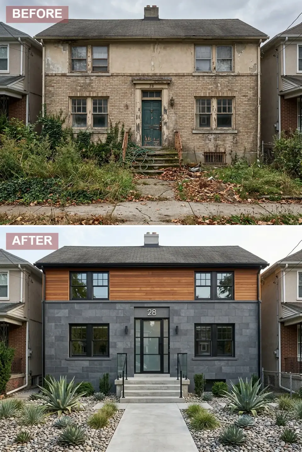 Brick foursquare contemporary fusion exterior renovation with warm horizontal cedar wood siding on upper level, large-format dark gray slate stone tile cladding over original brick at lower level, massive glass and black steel front door entry system, sleek poured concrete steps with frameless glass railings, minimalist gravel and architectural plant landscape