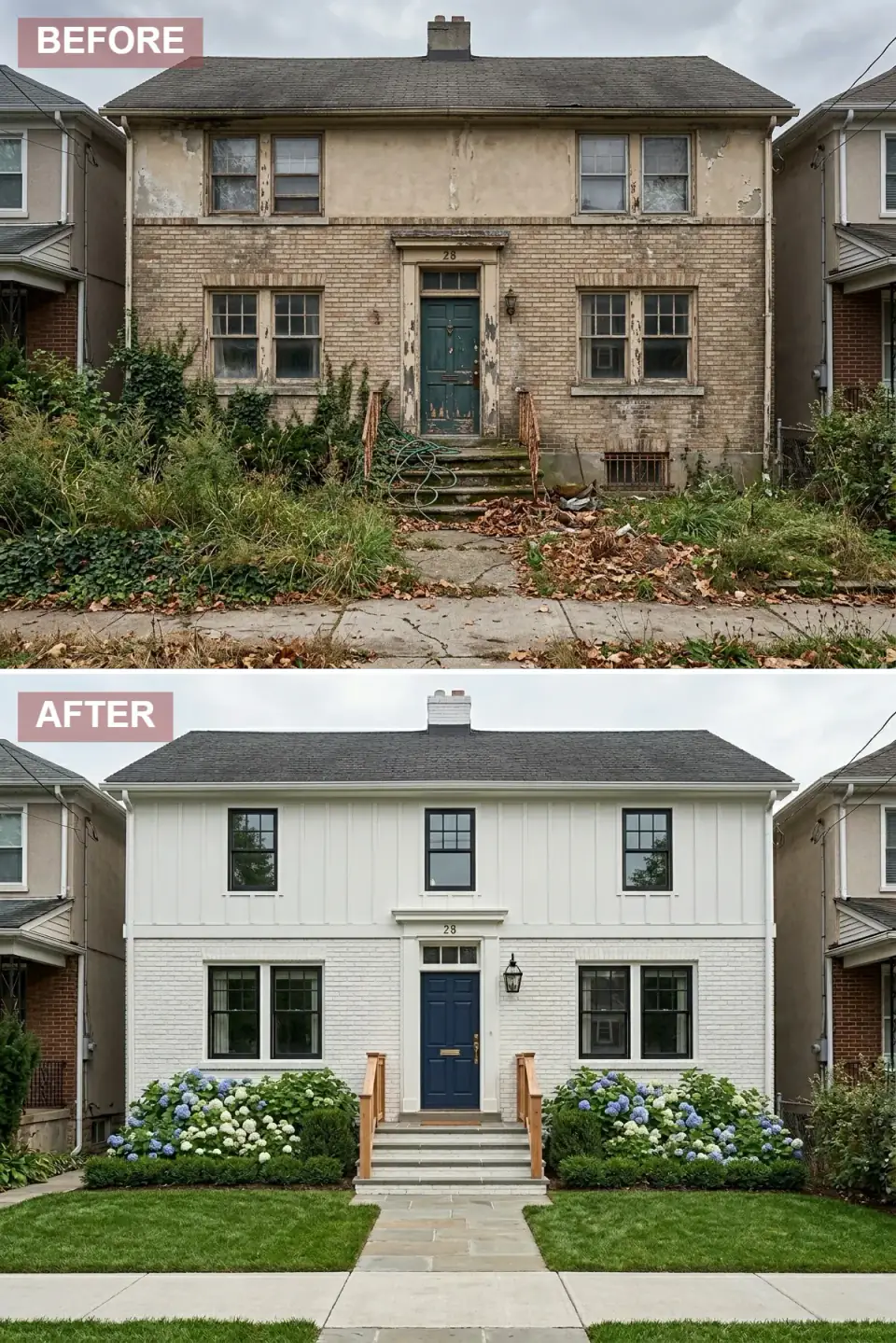 Brick foursquare modern farmhouse exterior renovation with white-painted brick at lower level, crisp white board-and-batten siding on upper level, classic navy blue six-panel front door, natural oak wood porch railings, black-framed double-hung windows, manicured hydrangeas and boxwoods foundation planting