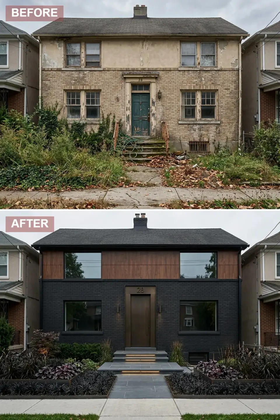 Brick foursquare ultra-modern dark exterior renovation with matte black painted brick lower level, dark walnut wood panel cladding on upper level, tinted dark windows, oversized bronze pivot front door, floating concrete slab steps with integrated warm LED strip lighting, dark-leaf foliage landscape with black mondo grass