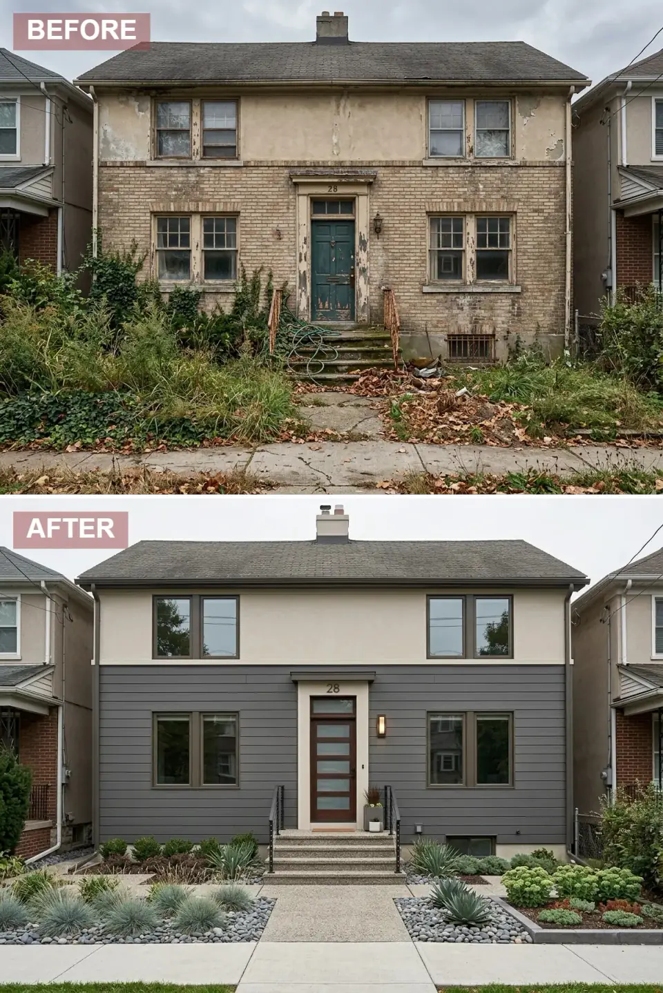 Brick foursquare contemporary Craftsman exterior renovation with smooth sand beige stucco upper level, dark graphite gray horizontal siding lower level, bronze-framed double-hung windows, modern wood door with horizontal glass panels, exposed aggregate concrete stoop with sleek black metal railings, neat river stone and ornamental grass landscape