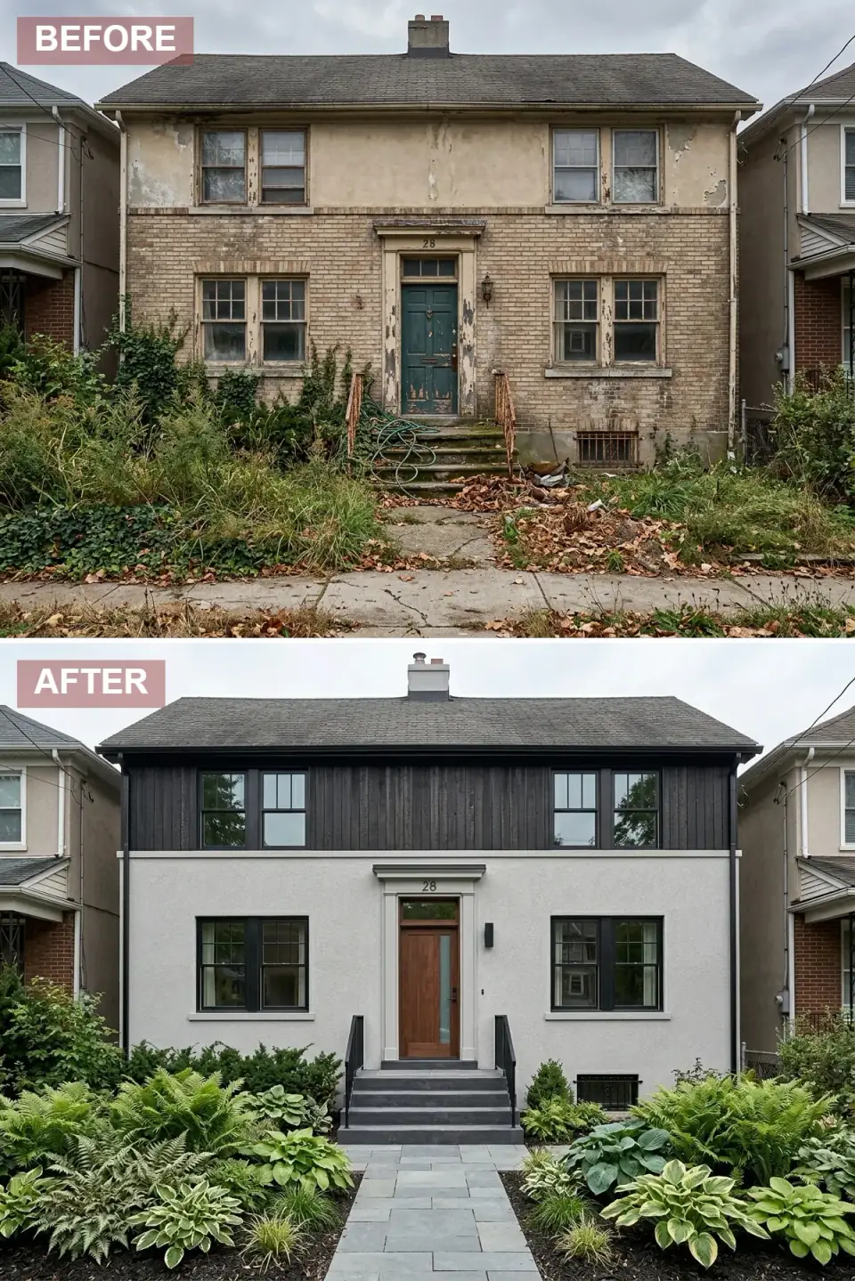 Brick foursquare Japandi minimalist exterior renovation with charred black shou sugi ban vertical wood siding on upper level, textured white stucco on lower level, natural teak wood front door framed by thick honed bluestone surround, dark stone steps, serene shade garden of hostas and ferns