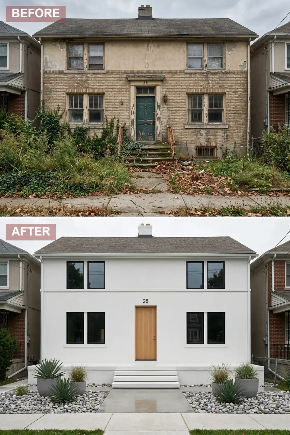 Brick foursquare radical minimalist exterior renovation with entire facade smooth-stuccoed in pure monolithic white including brick and upper level, flush window installations with slim black aluminum frames and no trim, hardware-free blonde oak wood front door slab, massive floating white concrete steps and walkway plinth, sparse gravel landscape with single sculptural architectural agave plants