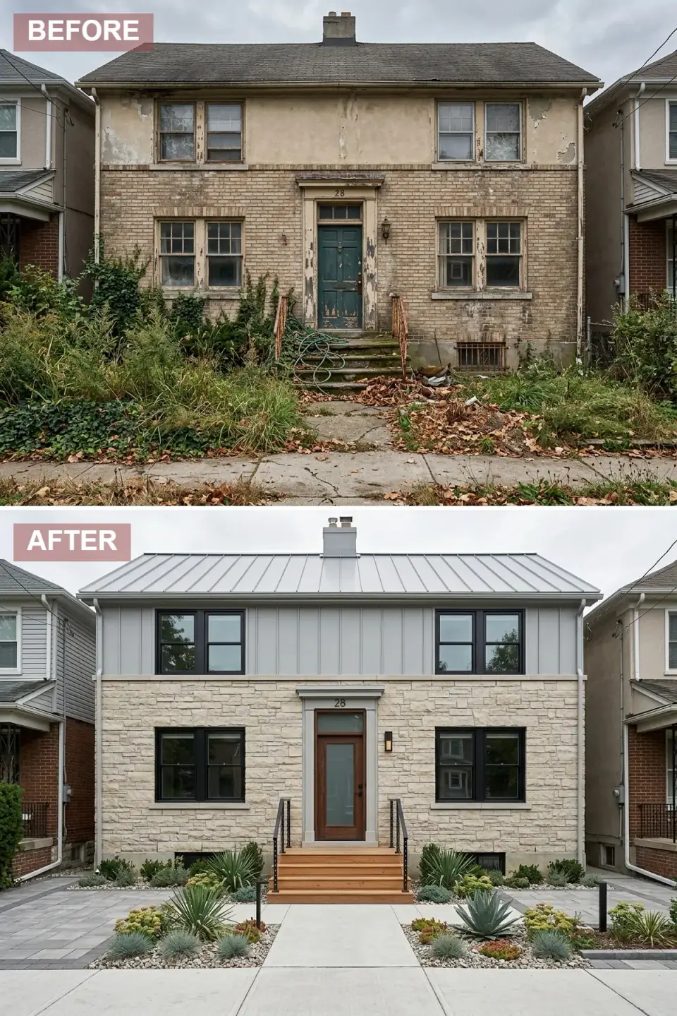 Brick foursquare modern rustic exterior renovation with dove gray standing-seam metal roof replacing original shingle, gray board-and-batten siding on upper level, stacked limestone veneer cladding over original brick at lower level, wood front door with large glass panel, warm cedar wood steps with black metal railings, low-maintenance native plant landscape