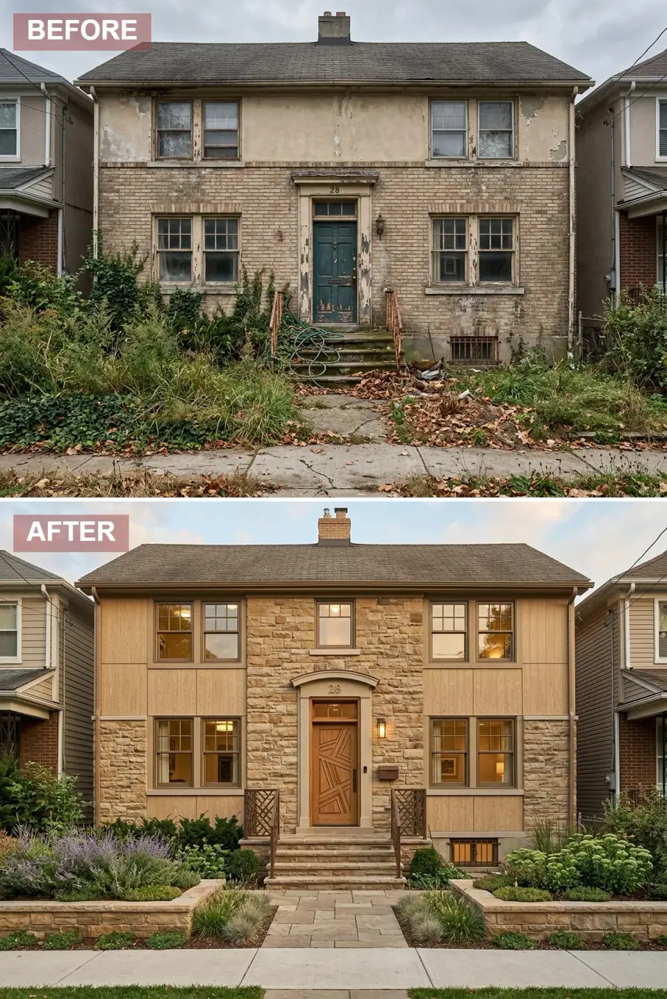 Brick foursquare Craftsman stone revival exterior renovation with mixed varied-tone sandstone veneer cladding majority of facade, light brown vertical wood siding accent panels, architectural stone arch defining entryway, ornate geometric carved oak front door, bronze-grid divided light windows, intricate stone paver walkway with low terraced retaining walls and cottage garden plantings