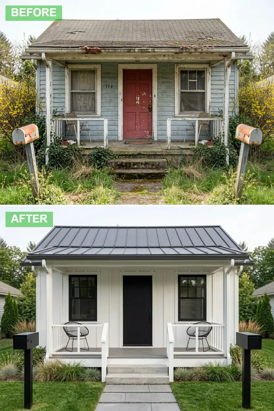 Cottage exterior renovation in modern farmhouse style with crisp white vertical clapboard siding, black standing-seam metal roof, matte black front door, charcoal window trim and black wire porch chairs