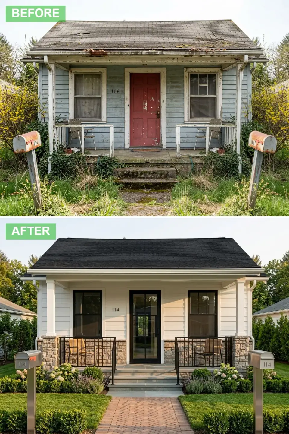 Renovated cottage with white horizontal lap siding, ashlar stone veneer wrapping the porch base, black architectural shingle roof and a glass-paneled front door