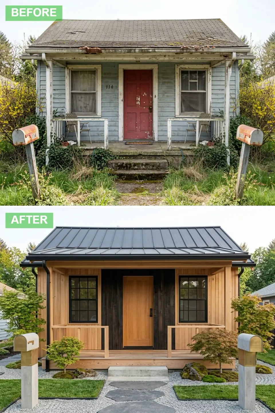 Cottage exterior clad in horizontal cedar boards with a dark standing-seam metal roof, light oak plank door set in a charred shou sugi ban surround, and a raked gravel entry garden