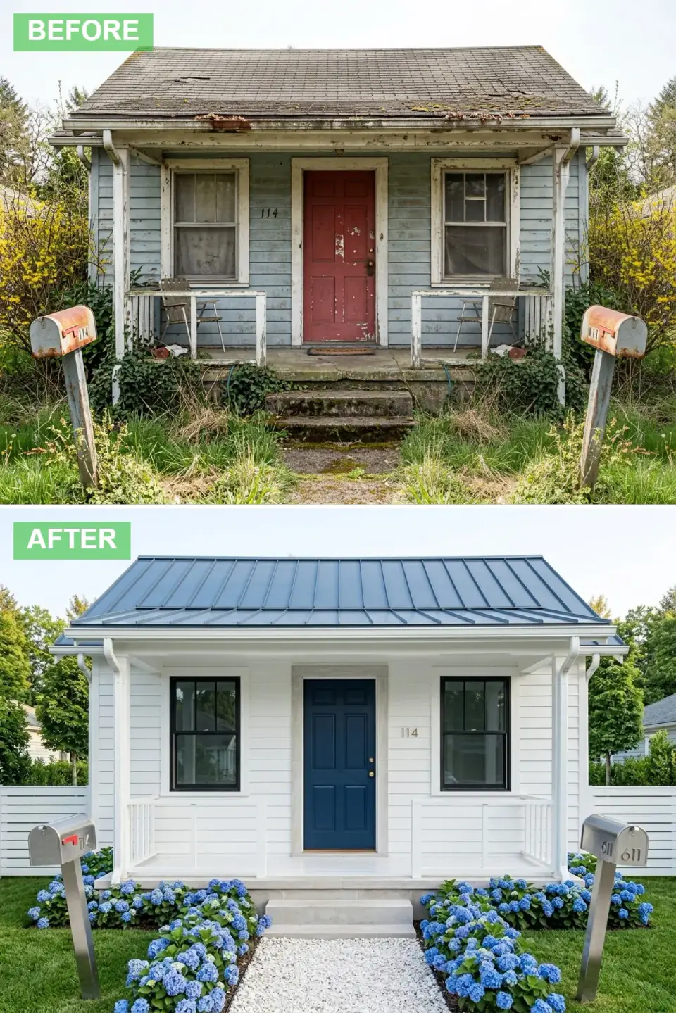 White clapboard cottage exterior with a slate-blue standing-seam metal roof, deep navy paneled front door, black window frames and blue hydrangeas along the porch