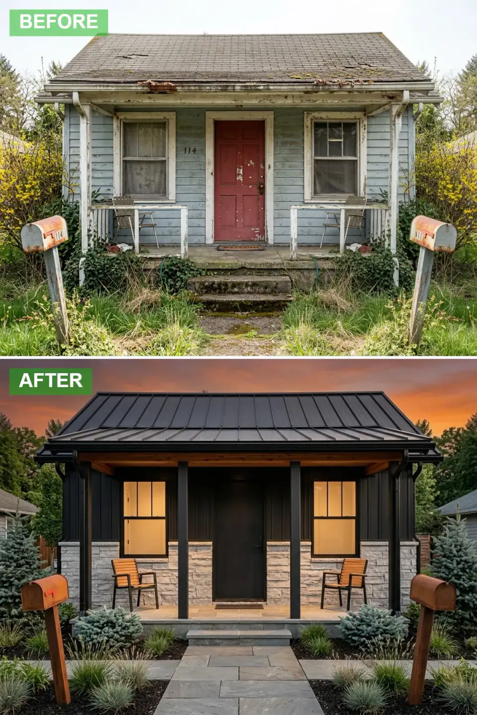 Black house exterior with matte black siding, matching black metal roof, pale stacked stone porch walls, warm timber posts and window frames glowing at dusk