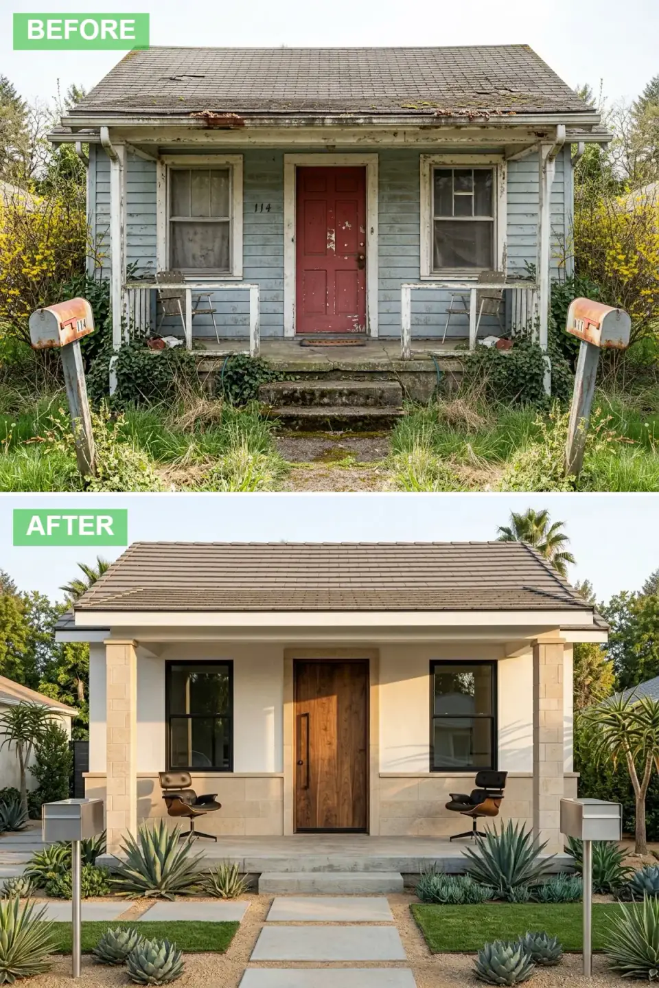 Cottage exterior renovated in desert modern style with smooth cream stucco walls, limestone wainscot, brown clay tile roof, walnut plank door and agave planting