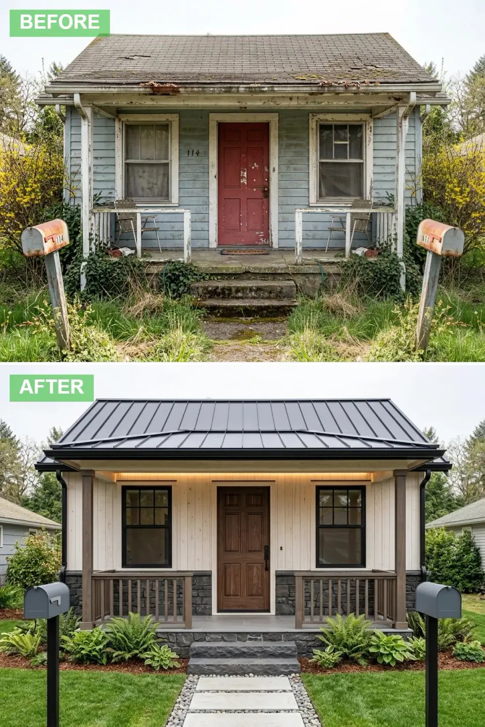 Modern farmhouse exterior with whitewashed vertical board-and-batten siding, dark stacked stone foundation, black standing-seam roof, walnut paneled door and soffit lighting