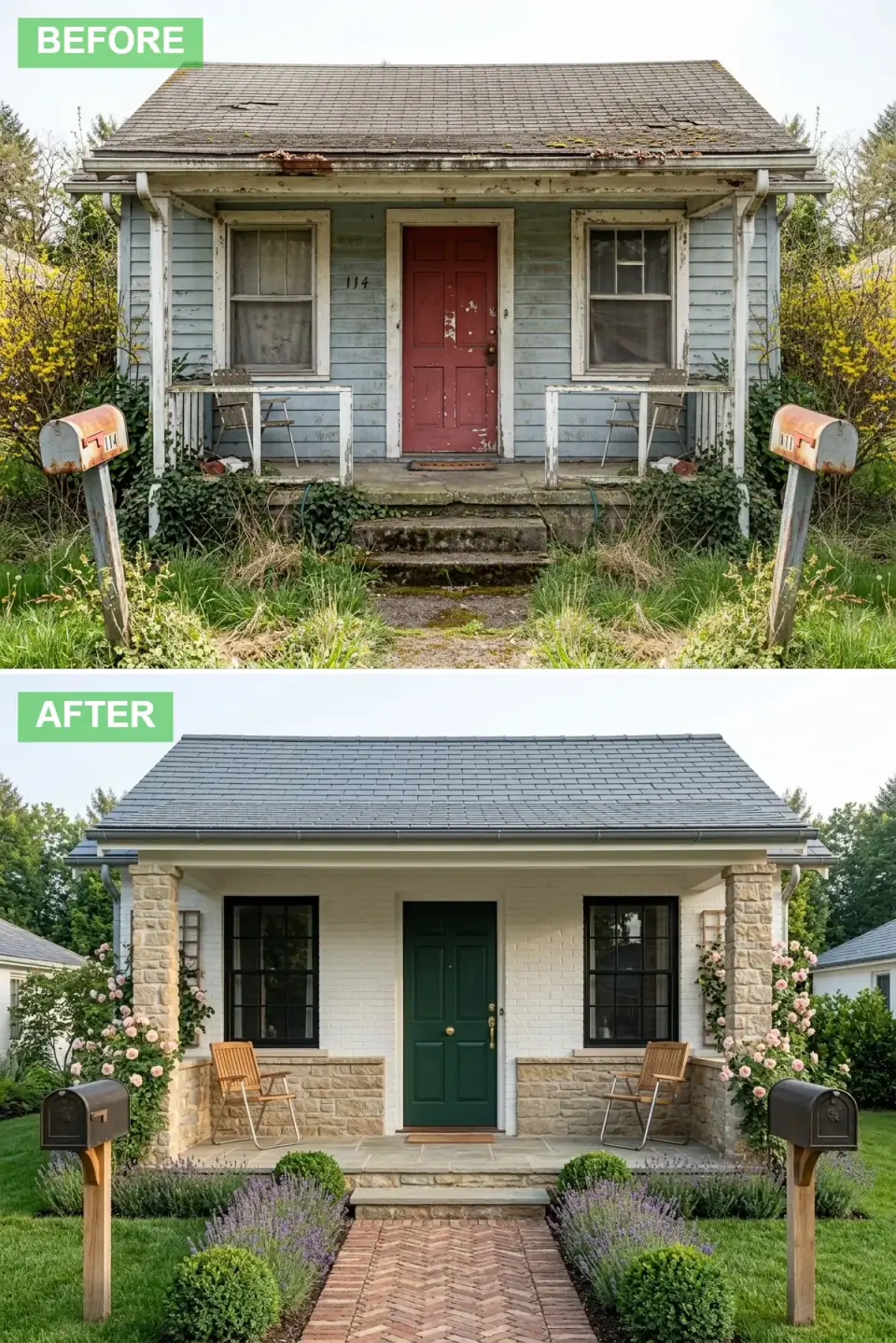 Painted brick home exterior in white with honey-coloured stone columns and wainscot, a forest green front door with brass hardware, climbing roses and a slate path