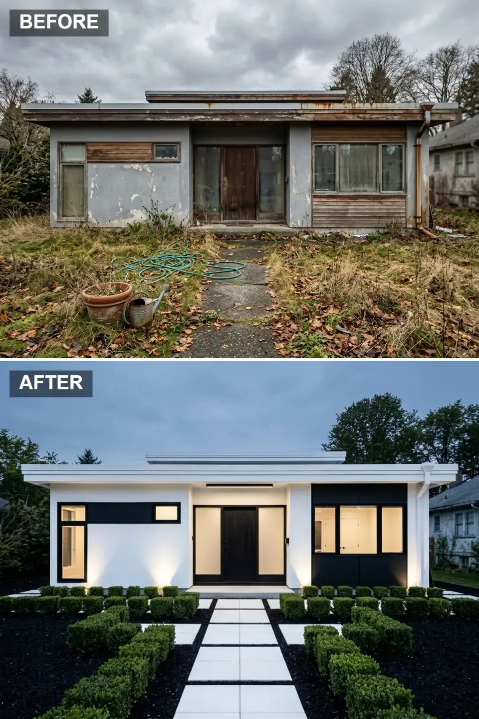 Mid-century home re-clad in smooth white stucco with matte-black window frames and a charcoal door, fronted by geometric gray pavers and clipped hedges