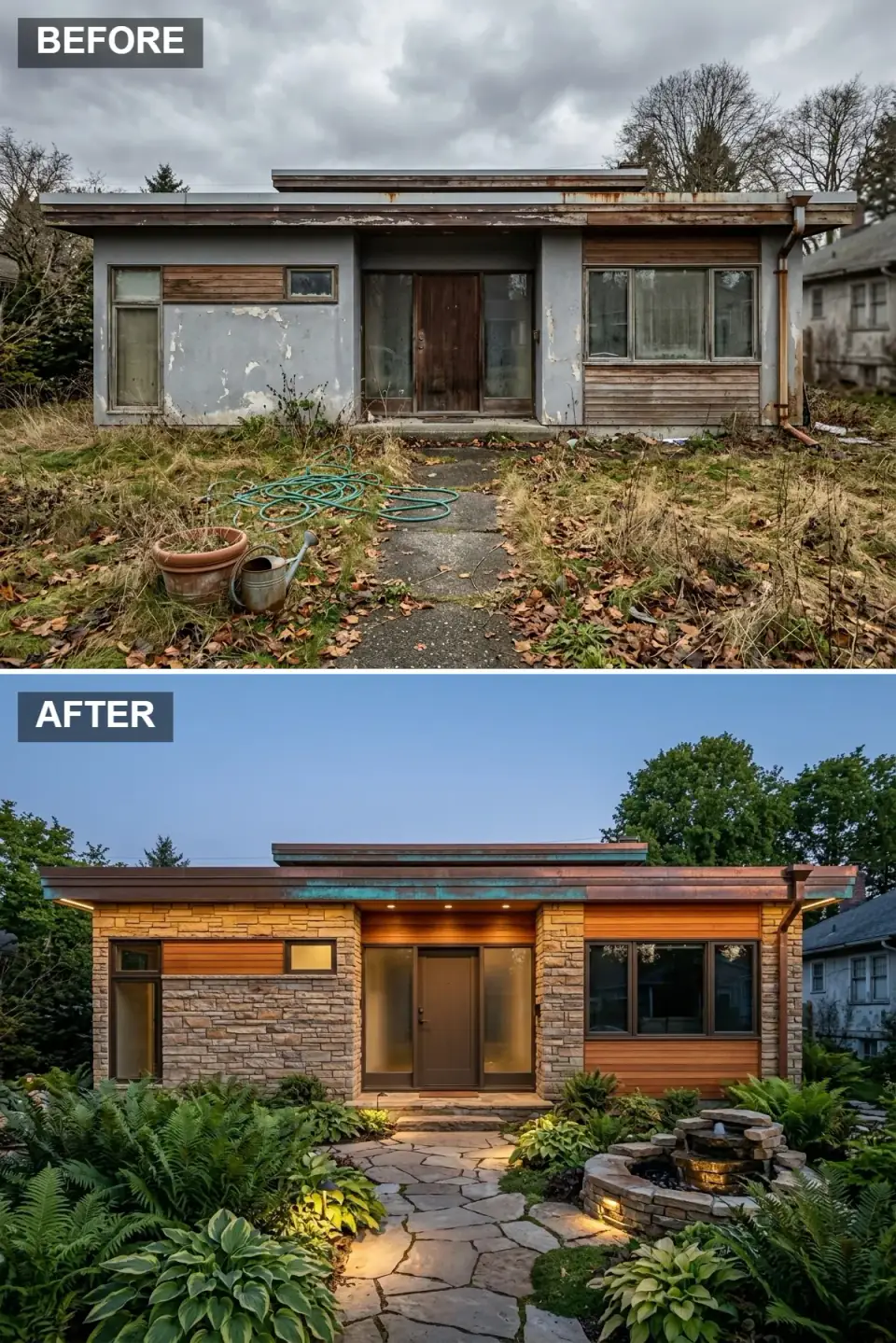 Same home re-clad in stacked tan stone veneer and warm cedar horizontal siding with an aged-copper fascia, set among ferns, hostas, and a stacked-stone water feature