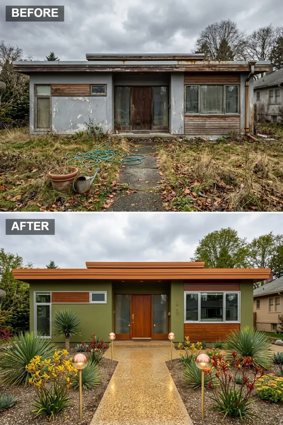 Mid-century home painted olive-green stucco with horizontal teak siding panels, a retro brass-hardware door, sculptural drought-tolerant plantings, and globe path lights