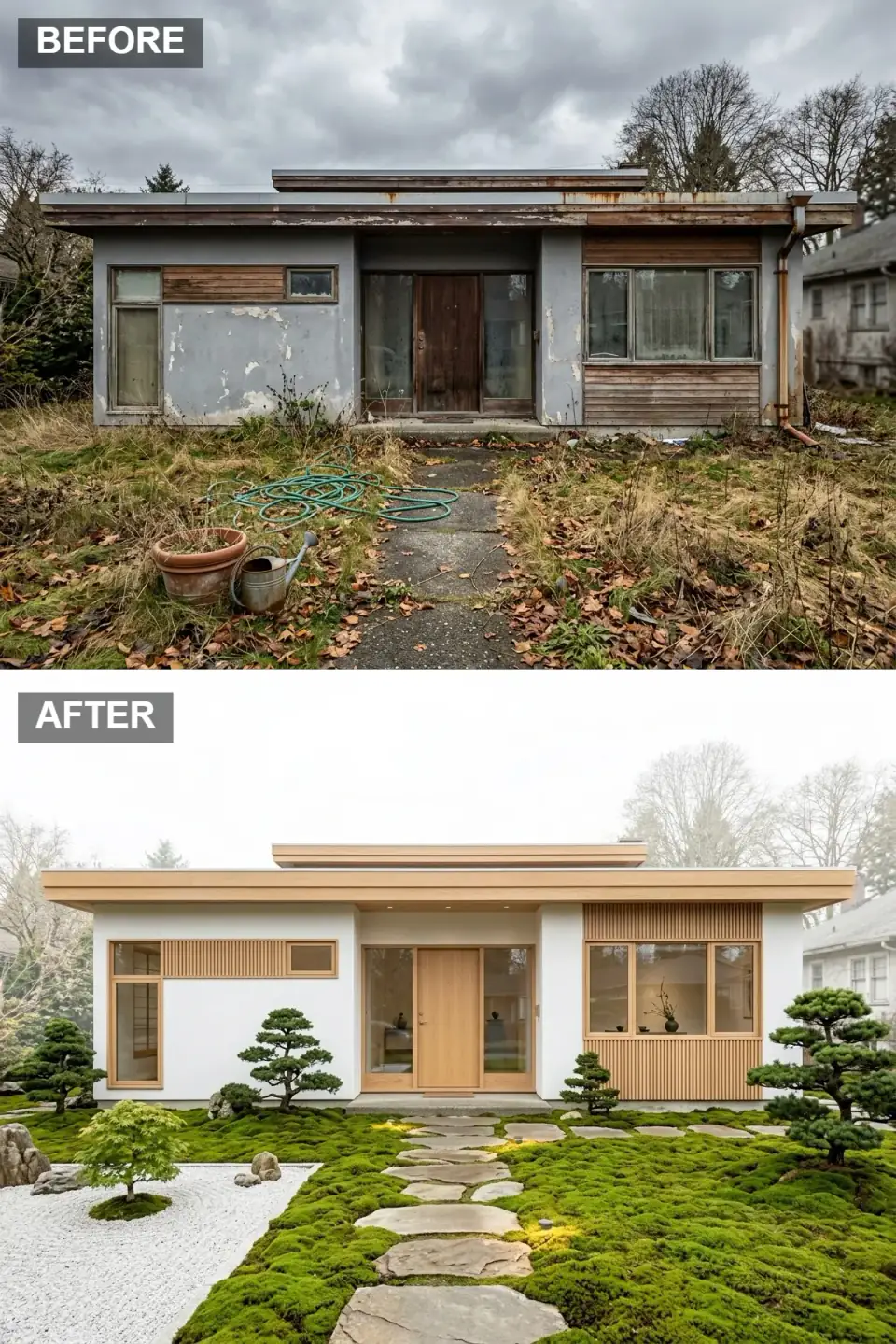 Home finished in soft-white stucco with light-ash vertical batten details fronting a Zen garden of raked gravel, moss, bonsai, and a grey-stone stepping path